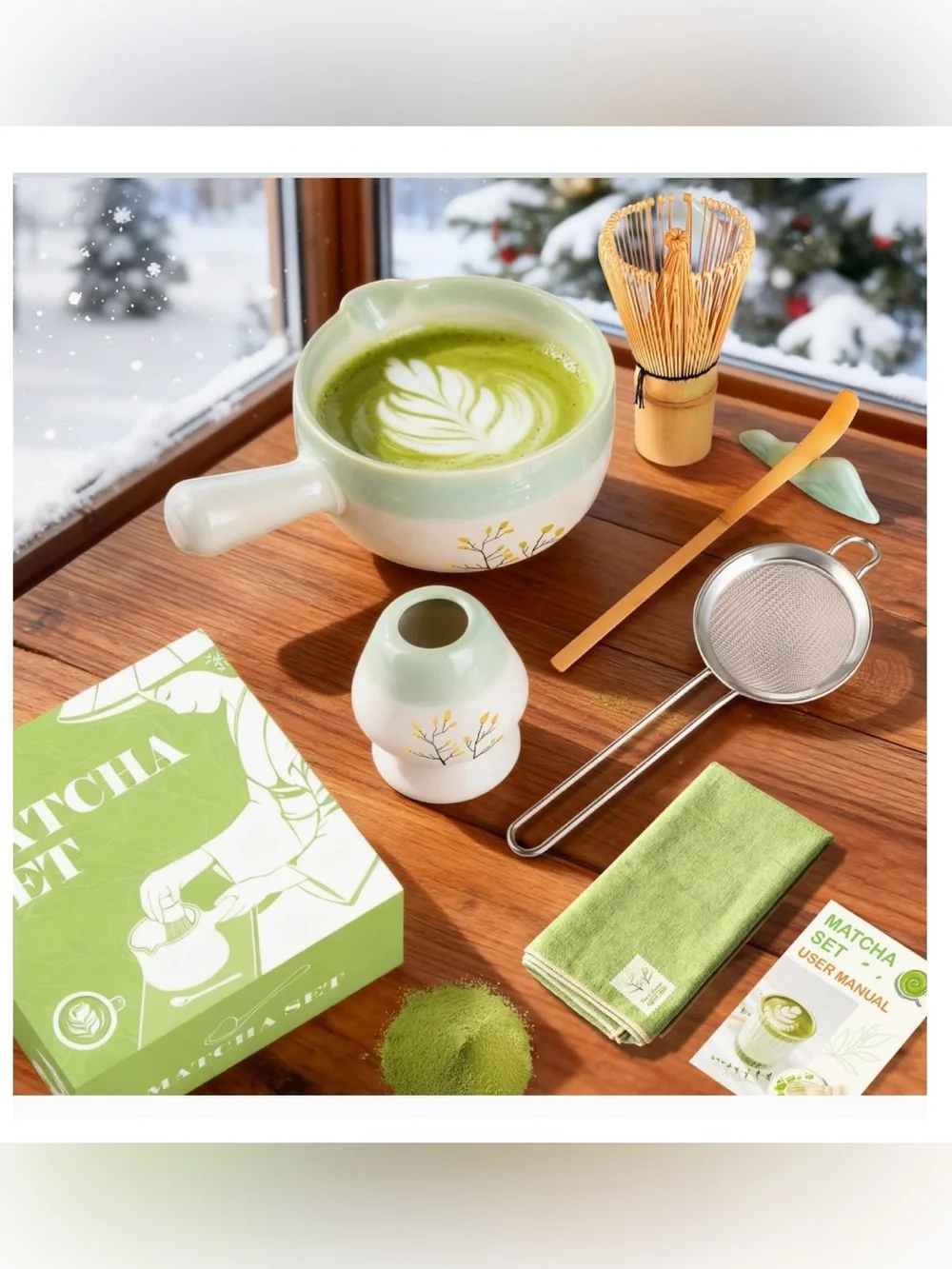 Green Ceramic Matcha Bowl Set with Whisk and Accessories